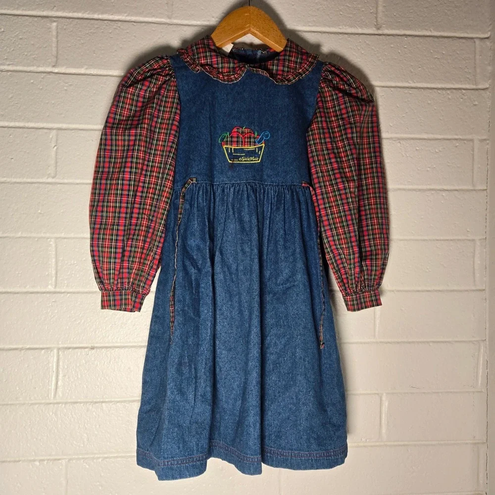 Vtg OshKosh Girls Denim Plaid Dress 6 Embroidered Puff Sleeve Babydoll Denim